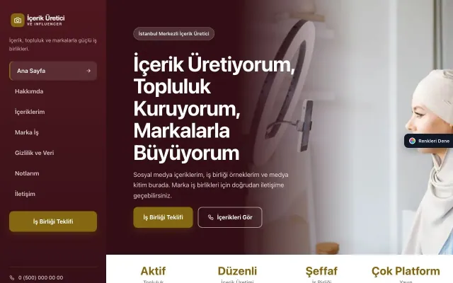 İçerik Üretici ve Influencer için Sol Menü Bordo Amber – İçerik Üretici ve Influencer Web Sitesi ana sayfa görünümü