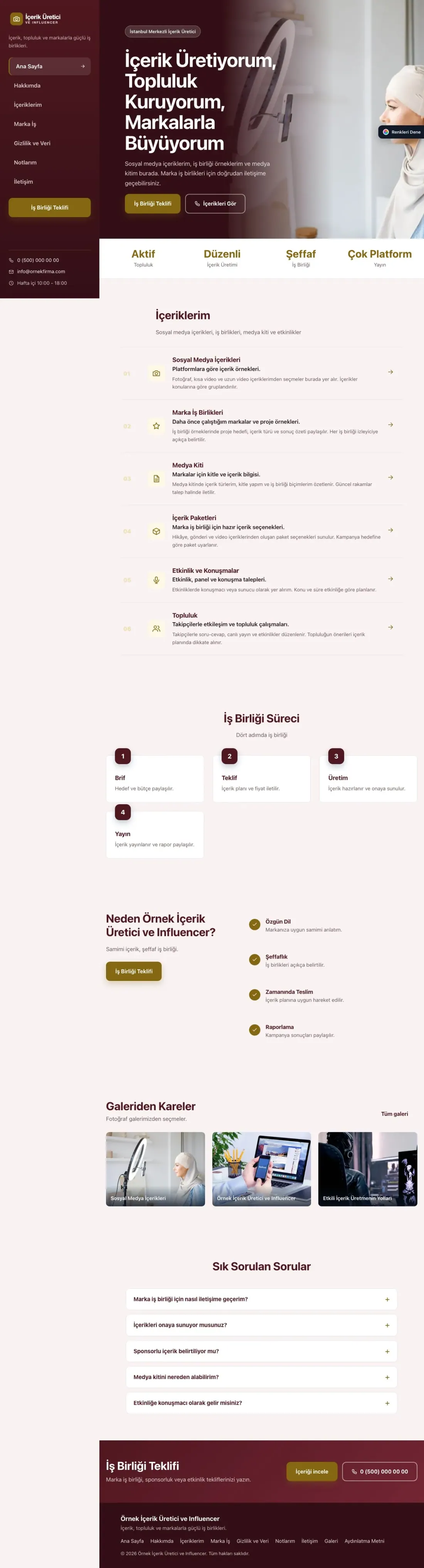 İçerik Üretici ve Influencer için Sol Menü Bordo Amber – İçerik Üretici ve Influencer Web Sitesi ana sayfa görünümü