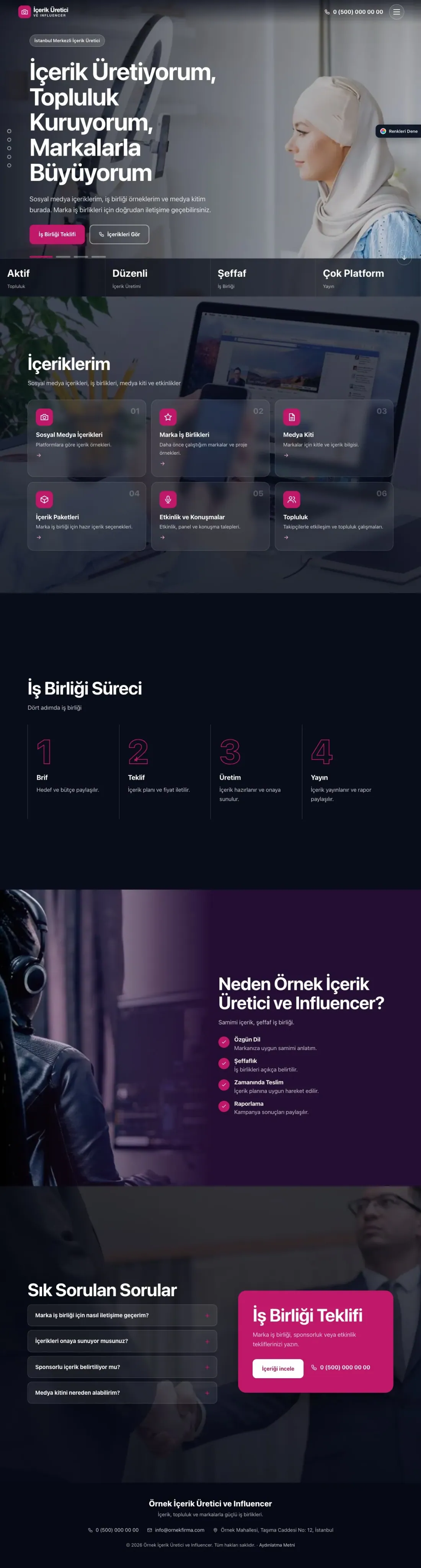 İçerik Üretici ve Influencer için Tam Ekran Mor Pembe – İçerik Üretici ve Influencer Web Sitesi ana sayfa görünümü