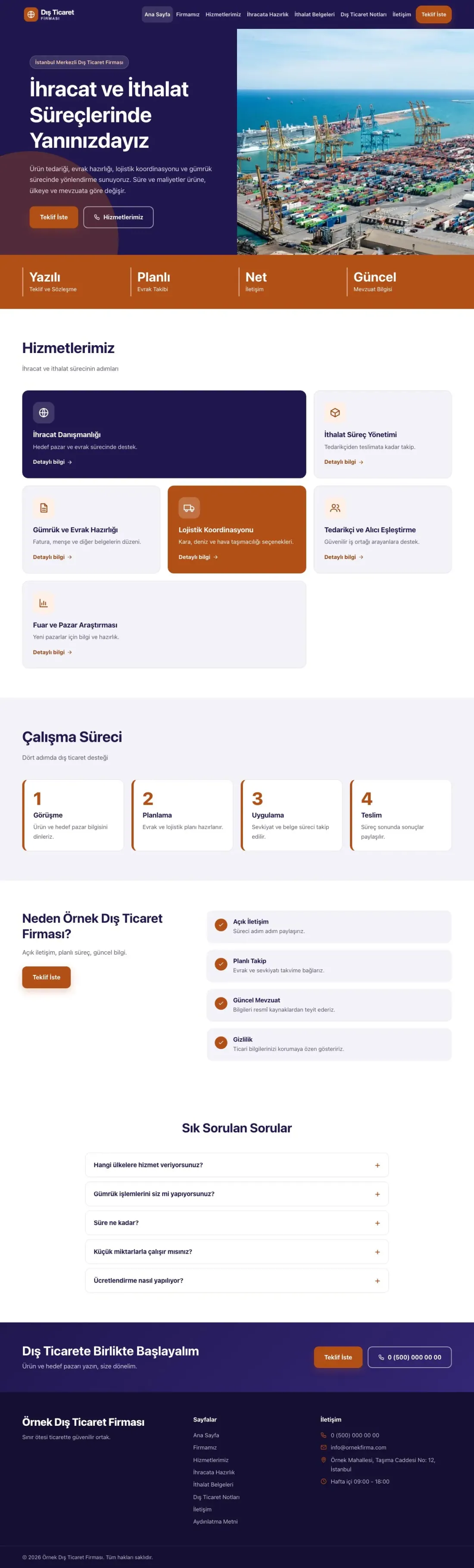 Blok Lacivert Turuncu – İhracat ve İthalat Web Sitesi ana sayfa görünümü