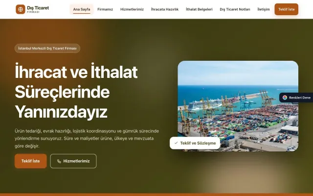 İhracat ve İthalat için Hareketli Zeytin Turuncu – İhracat ve İthalat Web Sitesi ana sayfa görünümü