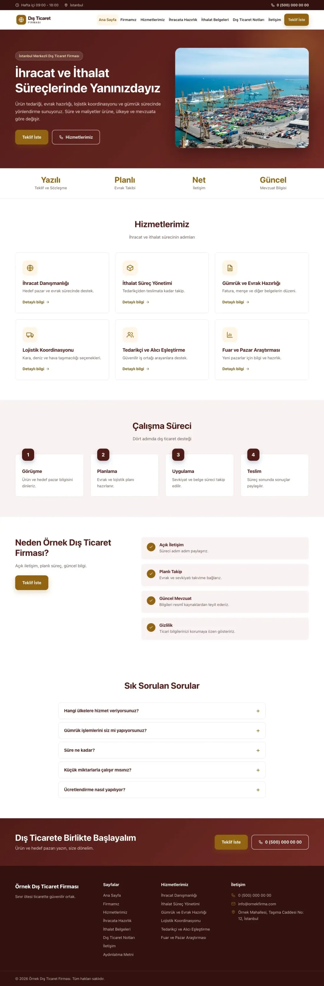 Klasik Bordo Turuncu – İhracat ve İthalat Web Sitesi ana sayfa görünümü