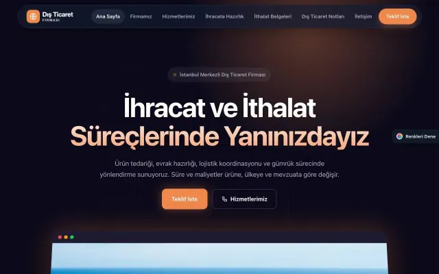İhracat ve İthalat için Koyu Modern Lacivert Turuncu – İhracat ve İthalat Web Sitesi ana sayfa görünümü