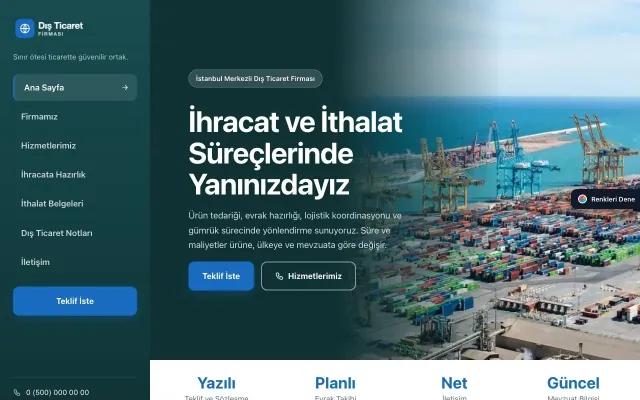 İhracat ve İthalat için Sol Menü Petrol Mavi – İhracat ve İthalat Web Sitesi ana sayfa görünümü