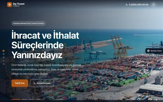 İhracat ve İthalat için Tam Ekran Lacivert Turuncu – İhracat ve İthalat Web Sitesi ana sayfa görünümü