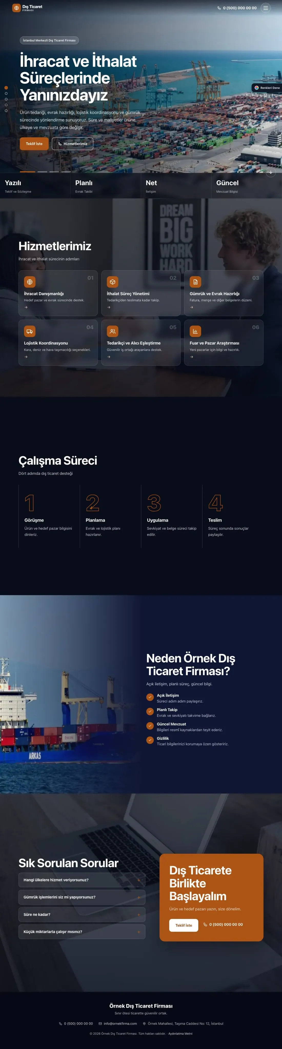İhracat ve İthalat için Tam Ekran Lacivert Turuncu – İhracat ve İthalat Web Sitesi ana sayfa görünümü