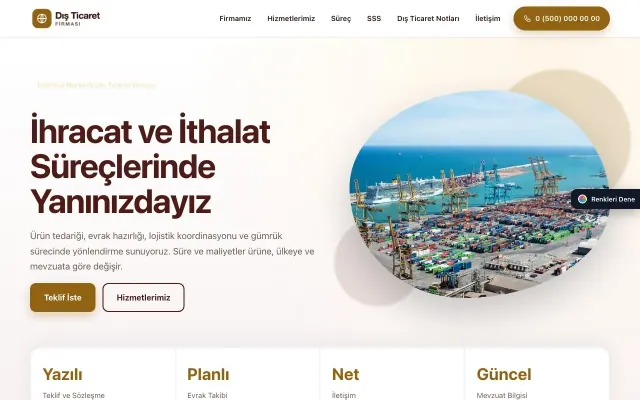 İhracat ve İthalat için Tek Sayfa Bordo Turuncu – İhracat ve İthalat Web Sitesi ana sayfa görünümü