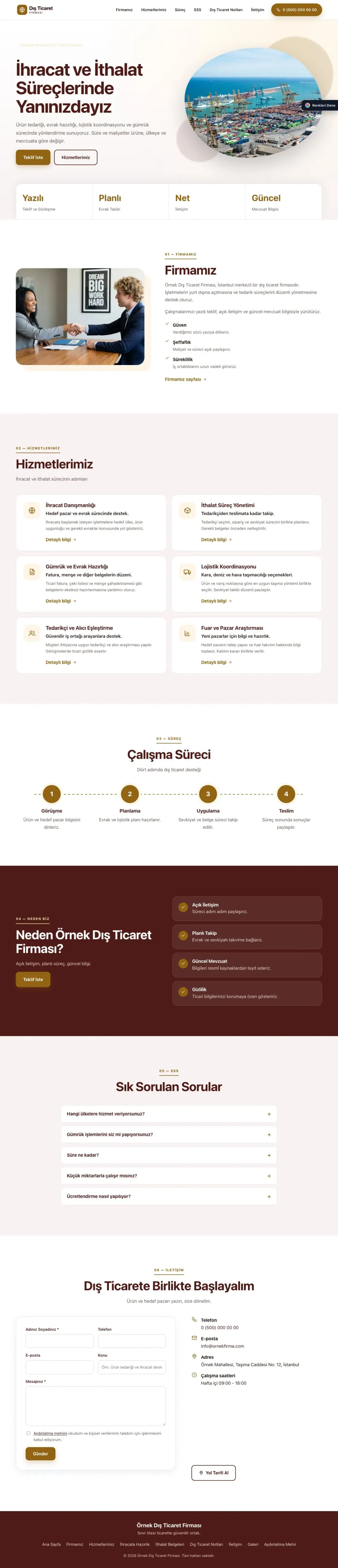İhracat ve İthalat için Tek Sayfa Bordo Turuncu – İhracat ve İthalat Web Sitesi ana sayfa görünümü