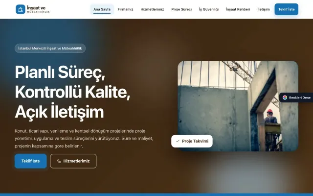 İnşaat ve Müteahhit için Hareketli Kahve Mavi – İnşaat ve Müteahhit Web Sitesi ana sayfa görünümü