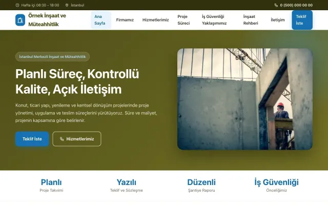 İnşaat ve Müteahhit için Klasik Zeytin Mavi – İnşaat ve Müteahhit Web Sitesi ana sayfa görünümü