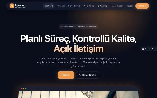 İnşaat ve Müteahhit için Koyu Modern Lacivert Turuncu – İnşaat ve Müteahhit Web Sitesi ana sayfa görünümü