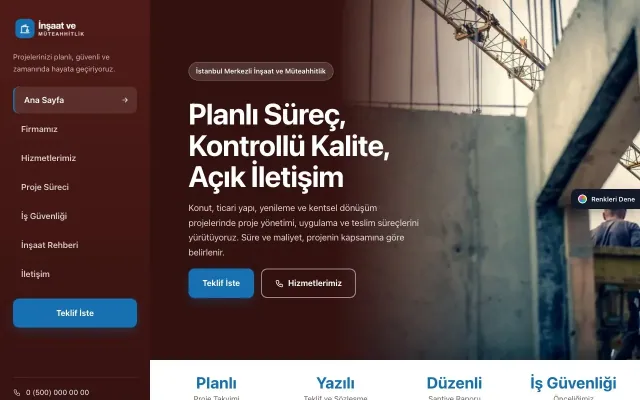İnşaat ve Müteahhit için Sol Menü Bordo Mavi – İnşaat ve Müteahhit Web Sitesi ana sayfa görünümü