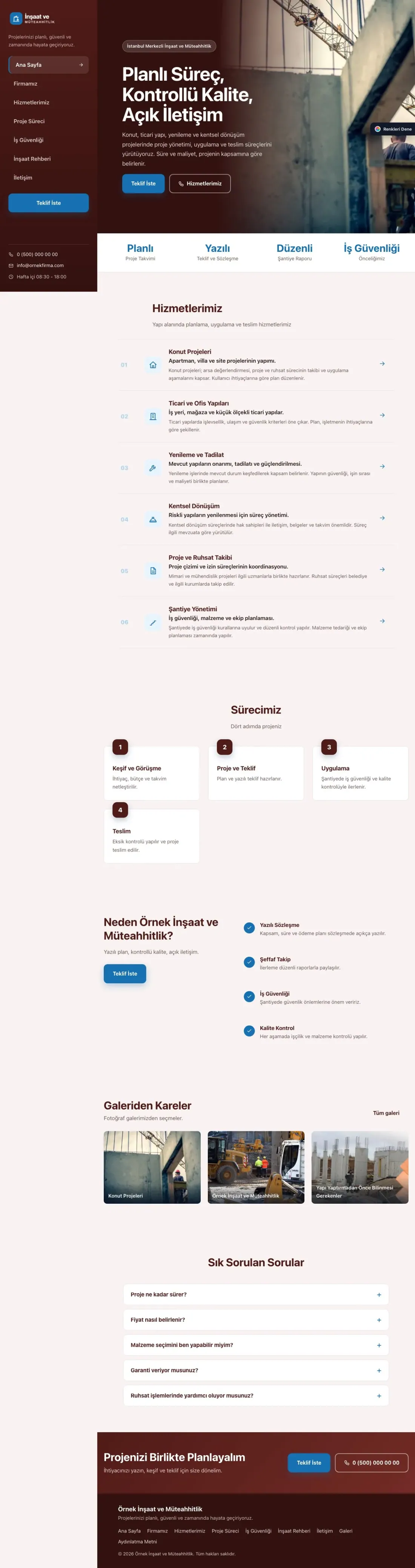 İnşaat ve Müteahhit için Sol Menü Bordo Mavi – İnşaat ve Müteahhit Web Sitesi ana sayfa görünümü