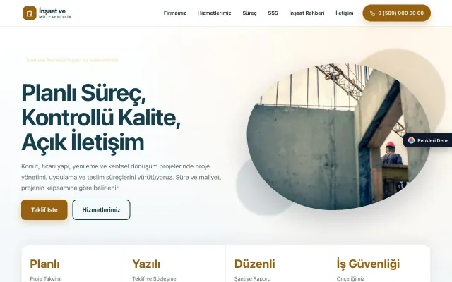 İnşaat ve Müteahhit için Tek Sayfa Mavi Turuncu – İnşaat ve Müteahhit Web Sitesi ana sayfa görünümü