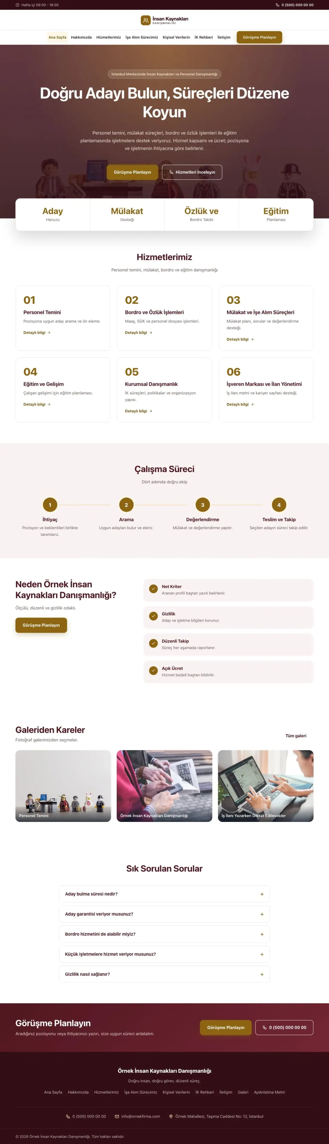 İnsan Kaynakları ve Personel Danışmanlığı için Merkez Bordo Amber – İnsan Kaynakları ve Personel Danışmanlığı Web Sitesi ana sayfa görünümü