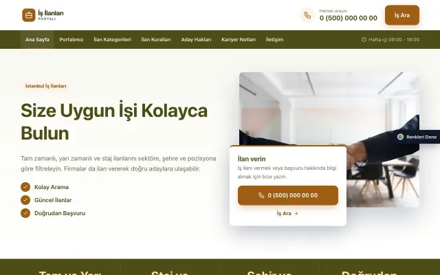 İş İlanları ve Kariyer Portalı için Bölünmüş Zeytin Turuncu – İş İlanları ve Kariyer Portalı Web Sitesi ana sayfa görünümü