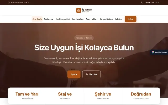 İş İlanları ve Kariyer Portalı için Merkez Bordo Turuncu – İş İlanları ve Kariyer Portalı Web Sitesi ana sayfa görünümü