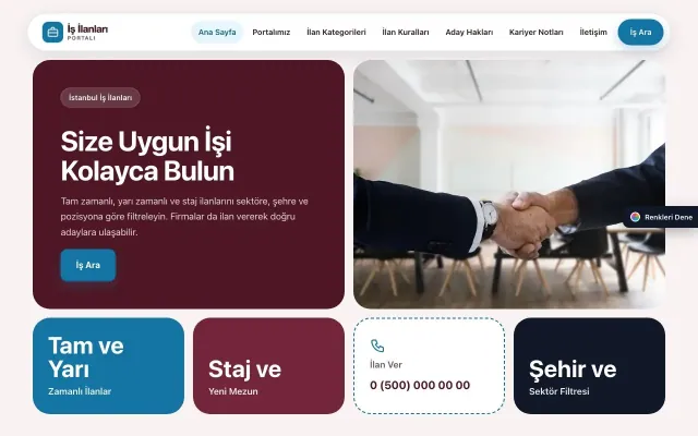 İş İlanları ve Kariyer Portalı için Mozaik Bordo Mavi – İş İlanları ve Kariyer Portalı Web Sitesi ana sayfa görünümü