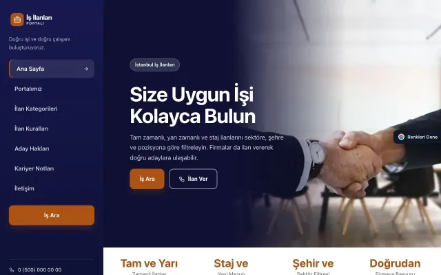 İş İlanları ve Kariyer Portalı için Sol Menü Lacivert Turuncu – İş İlanları ve Kariyer Portalı Web Sitesi ana sayfa görünümü