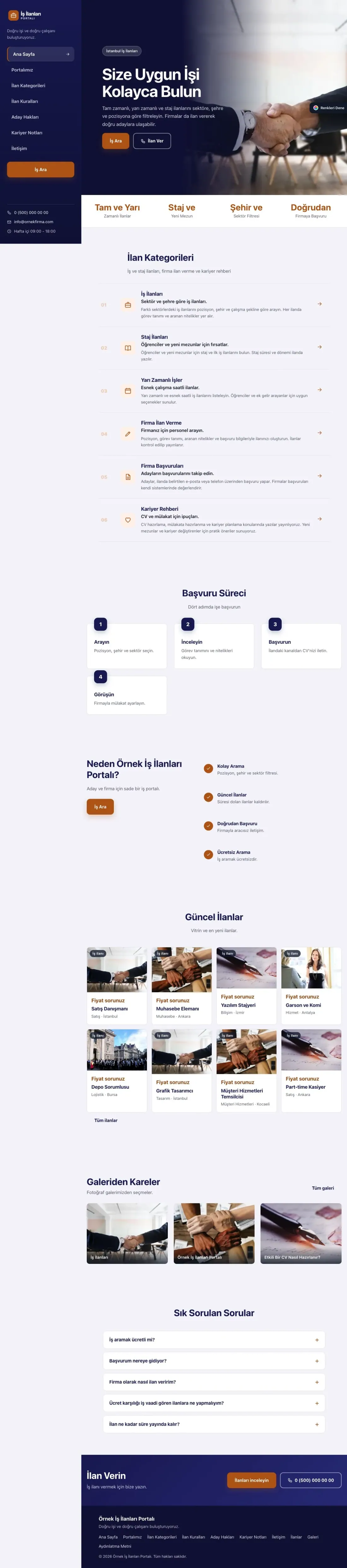 İş İlanları ve Kariyer Portalı için Sol Menü Lacivert Turuncu – İş İlanları ve Kariyer Portalı Web Sitesi ana sayfa görünümü