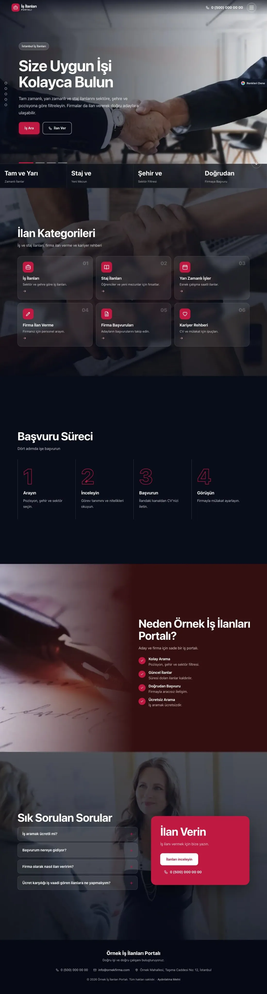 İş İlanları ve Kariyer Portalı için Tam Ekran Bordo Kırmızı – İş İlanları ve Kariyer Portalı Web Sitesi ana sayfa görünümü