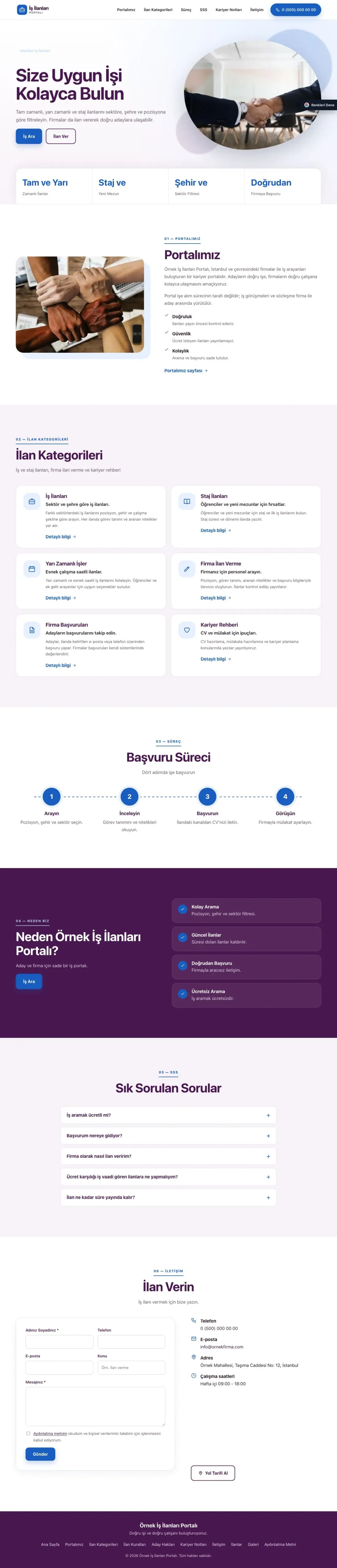 İş İlanları ve Kariyer Portalı için Tek Sayfa Mor Mavi – İş İlanları ve Kariyer Portalı Web Sitesi ana sayfa görünümü