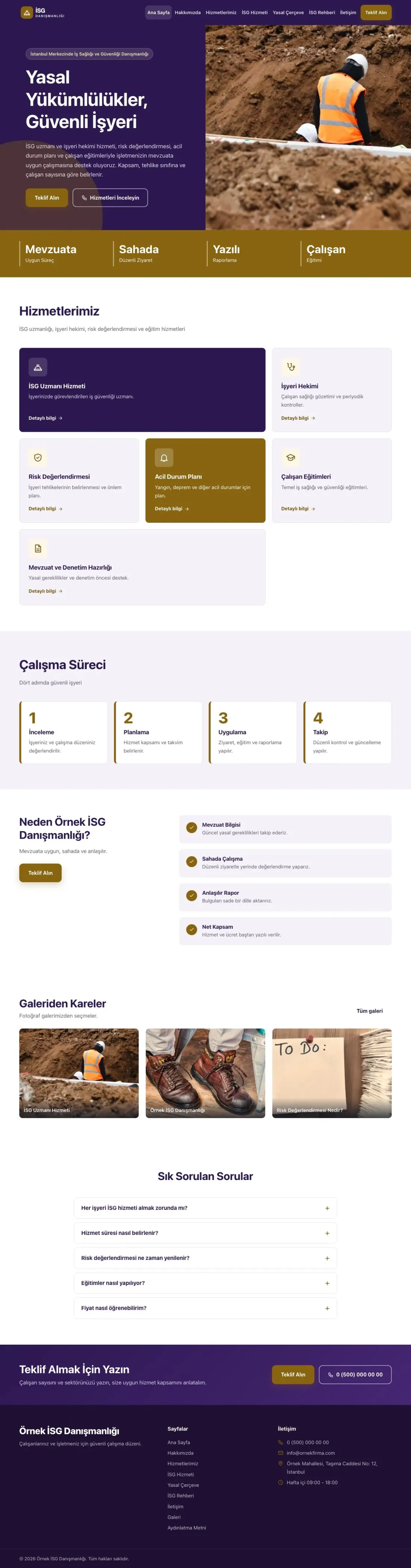 İş Sağlığı ve Güvenliği Danışmanlığı için Blok Mor Amber – İş Sağlığı ve Güvenliği Danışmanlığı Web Sitesi ana sayfa görünümü