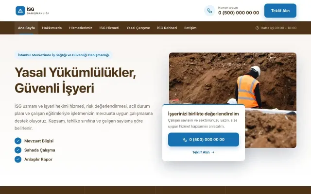 İş Sağlığı ve Güvenliği Danışmanlığı için Bölünmüş Kahve Mavi – İş Sağlığı ve Güvenliği Danışmanlığı Web Sitesi ana sayfa görünümü