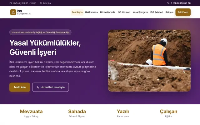 İş Sağlığı ve Güvenliği Danışmanlığı için Klasik Mor Turuncu – İş Sağlığı ve Güvenliği Danışmanlığı Web Sitesi ana sayfa görünümü