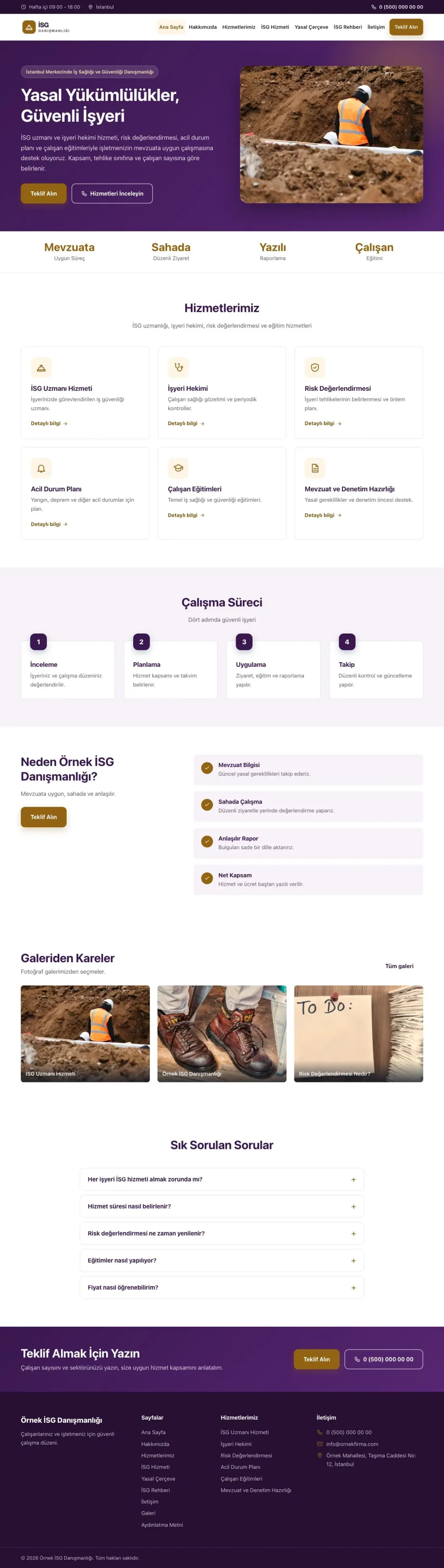 İş Sağlığı ve Güvenliği Danışmanlığı için Klasik Mor Turuncu – İş Sağlığı ve Güvenliği Danışmanlığı Web Sitesi ana sayfa görünümü