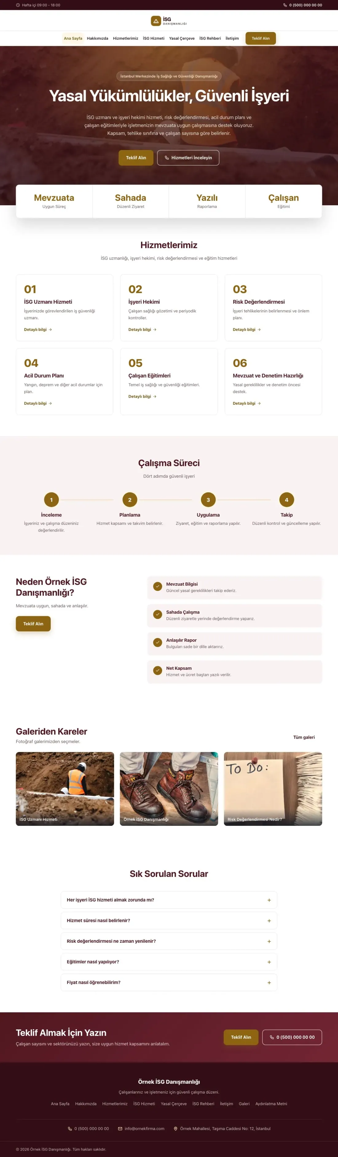İş Sağlığı ve Güvenliği Danışmanlığı için Merkez Bordo Amber – İş Sağlığı ve Güvenliği Danışmanlığı Web Sitesi ana sayfa görünümü
