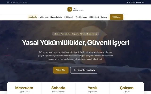 İş Sağlığı ve Güvenliği Danışmanlığı için Merkez Lacivert Amber – İş Sağlığı ve Güvenliği Danışmanlığı Web Sitesi ana sayfa görünümü