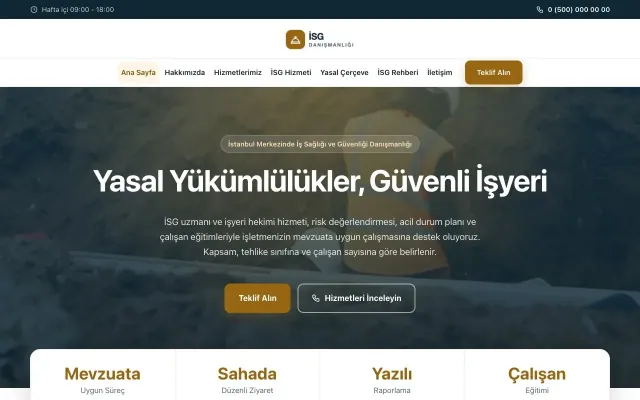 İş Sağlığı ve Güvenliği Danışmanlığı için Merkez Mavi Turuncu – İş Sağlığı ve Güvenliği Danışmanlığı Web Sitesi ana sayfa görünümü