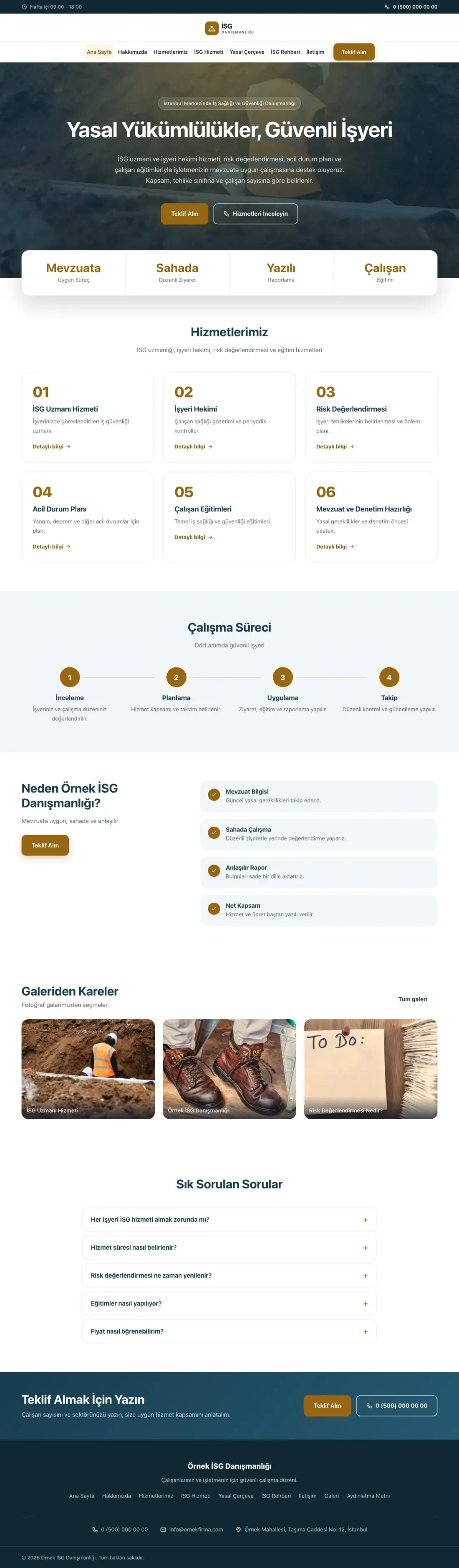 İş Sağlığı ve Güvenliği Danışmanlığı için Merkez Mavi Turuncu – İş Sağlığı ve Güvenliği Danışmanlığı Web Sitesi ana sayfa görünümü