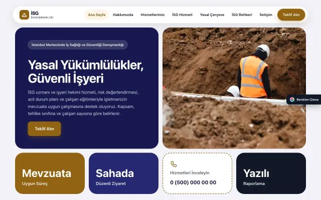 İş Sağlığı ve Güvenliği Danışmanlığı için Mozaik Lacivert Turuncu – İş Sağlığı ve Güvenliği Danışmanlığı Web Sitesi ana sayfa görünümü