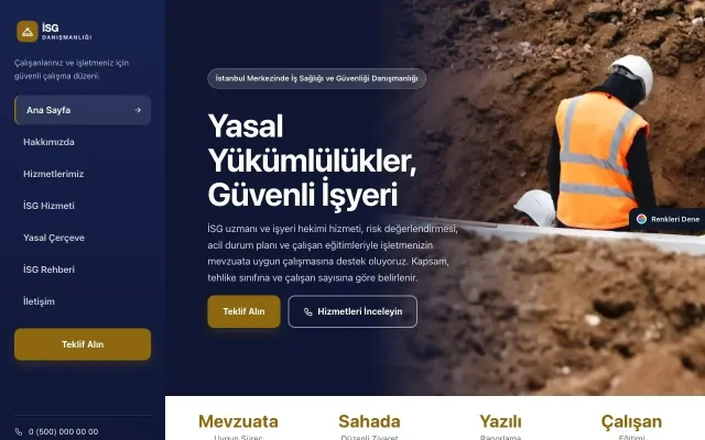 İş Sağlığı ve Güvenliği Danışmanlığı için Sol Menü Lacivert Amber – İş Sağlığı ve Güvenliği Danışmanlığı Web Sitesi ana sayfa görünümü