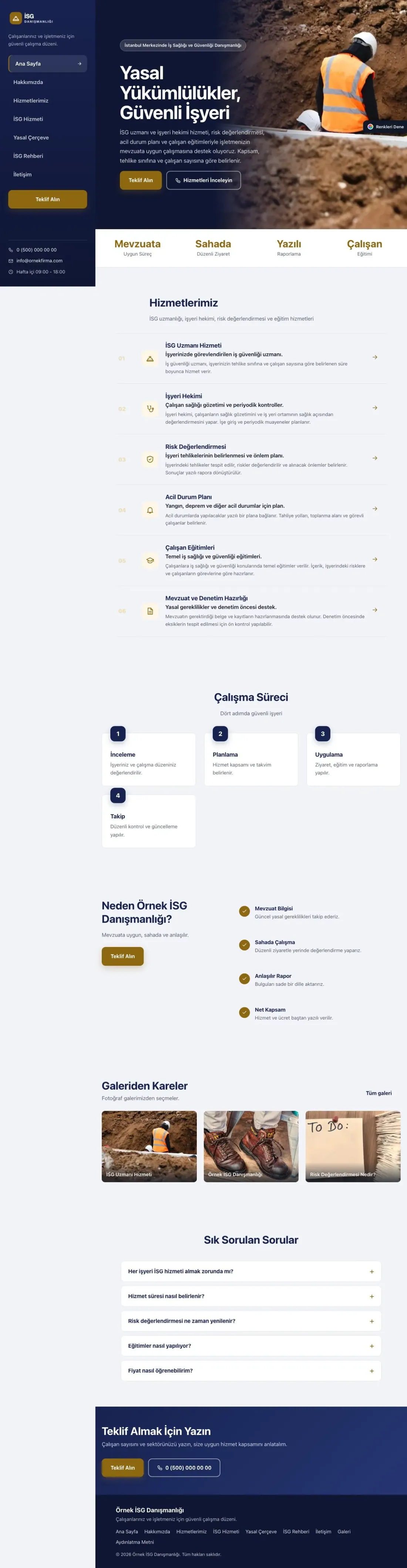 İş Sağlığı ve Güvenliği Danışmanlığı için Sol Menü Lacivert Amber – İş Sağlığı ve Güvenliği Danışmanlığı Web Sitesi ana sayfa görünümü