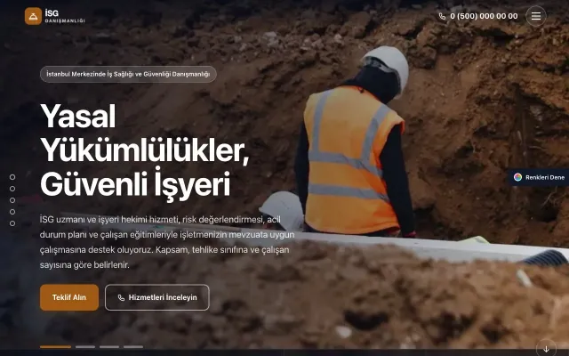İş Sağlığı ve Güvenliği Danışmanlığı için Tam Ekran Lacivert Turuncu – İş Sağlığı ve Güvenliği Danışmanlığı Web Sitesi ana sayfa görünümü