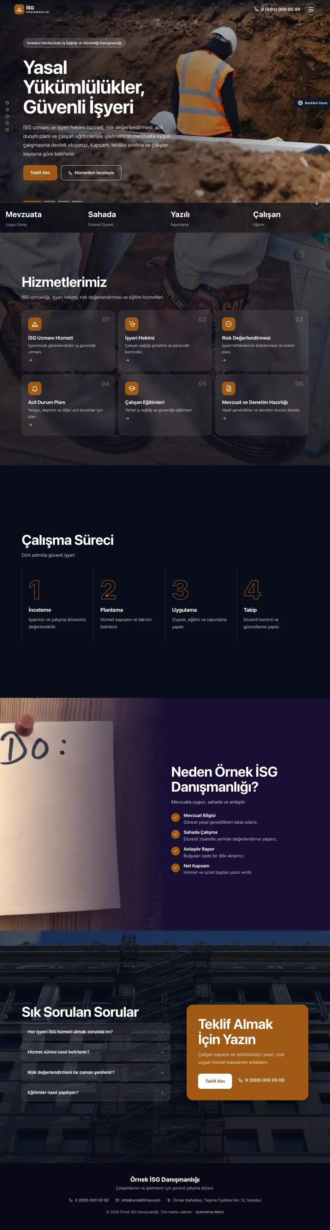 İş Sağlığı ve Güvenliği Danışmanlığı için Tam Ekran Lacivert Turuncu – İş Sağlığı ve Güvenliği Danışmanlığı Web Sitesi ana sayfa görünümü