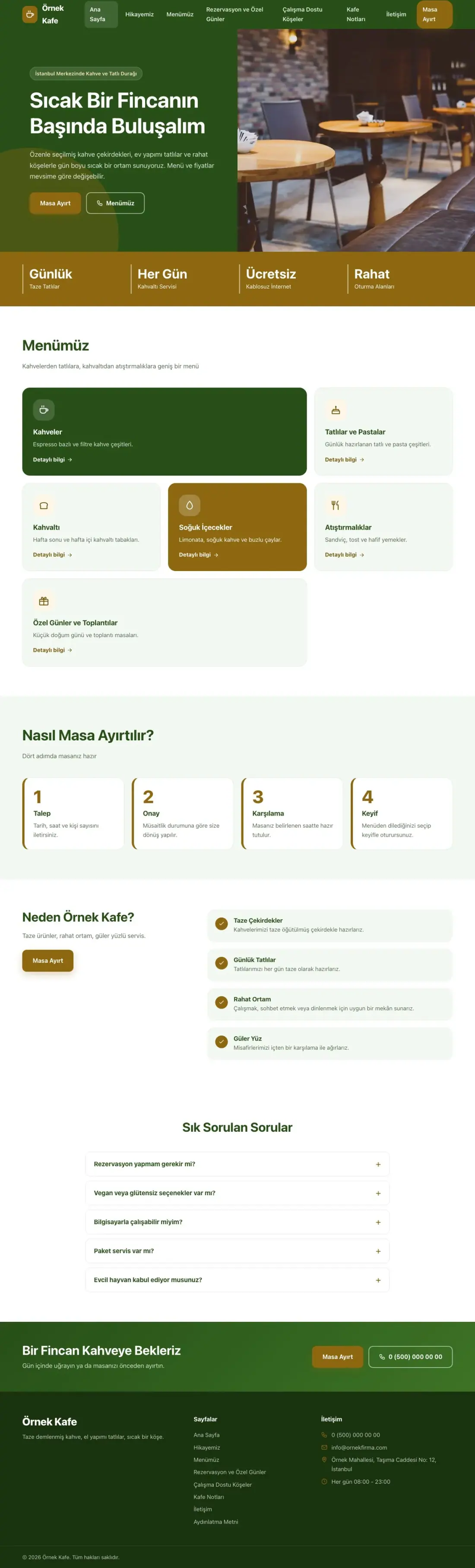 Kafe için Blok Yeşil Amber – Kafe Web Sitesi ana sayfa görünümü