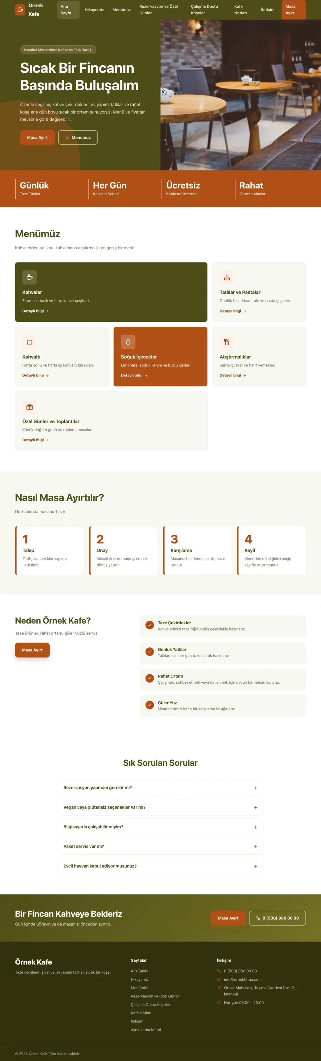 Kafe için Blok Zeytin Turuncu – Kafe Web Sitesi ana sayfa görünümü
