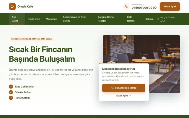 Kafe için Bölünmüş Yeşil Turuncu – Kafe Web Sitesi ana sayfa görünümü