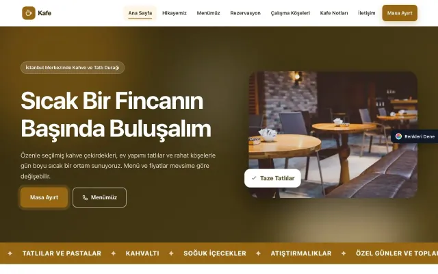 Kafe için Hareketli Kahve Turuncu – Kafe Web Sitesi ana sayfa görünümü