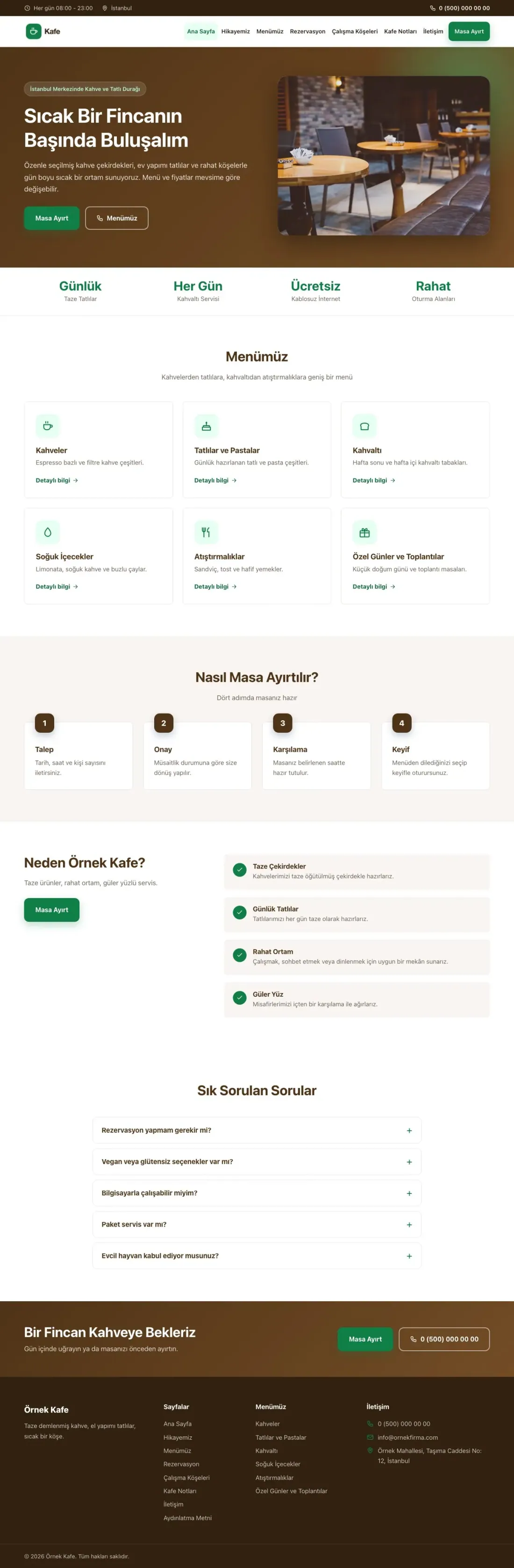 Klasik Kahve Yeşil – Kafe Web Sitesi ana sayfa görünümü