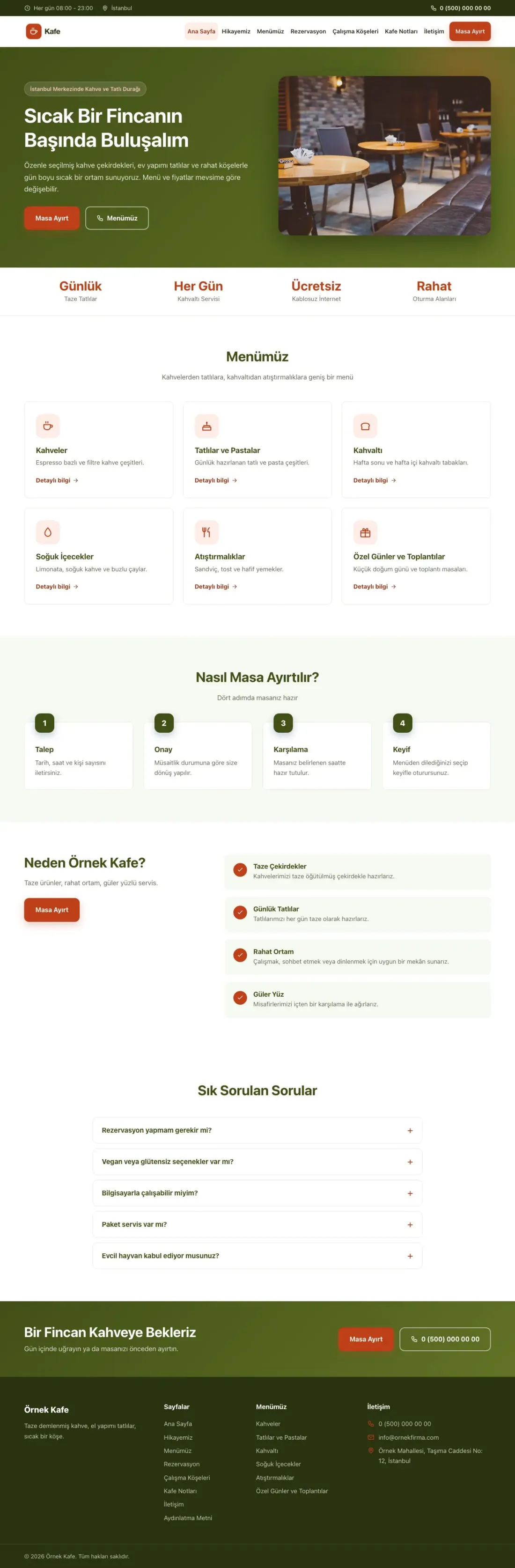 Klasik Yeşil Turuncu – Kafe Web Sitesi ana sayfa görünümü