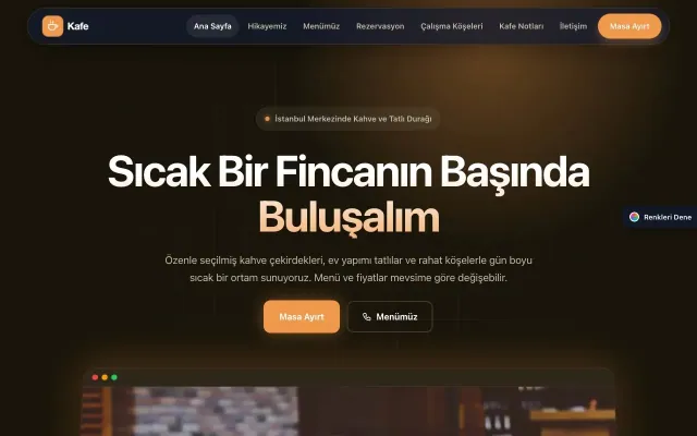 Kafe için Koyu Modern Kahve Turuncu – Kafe Web Sitesi ana sayfa görünümü