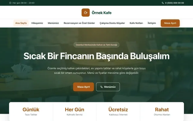 Kafe için Merkez Petrol Turuncu – Kafe Web Sitesi ana sayfa görünümü