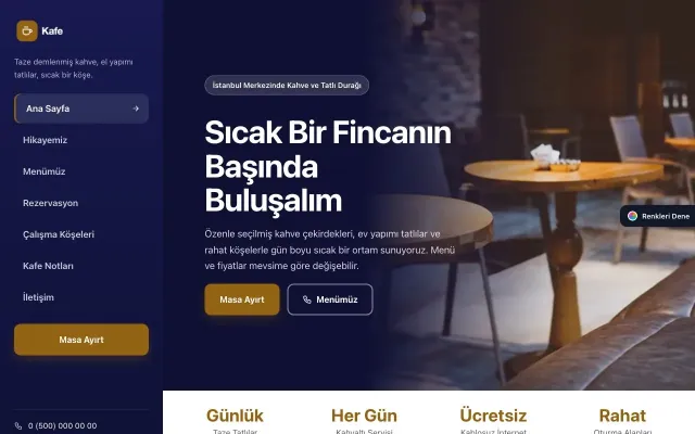 Kafe için Sol Menü Lacivert Turuncu – Kafe Web Sitesi ana sayfa görünümü