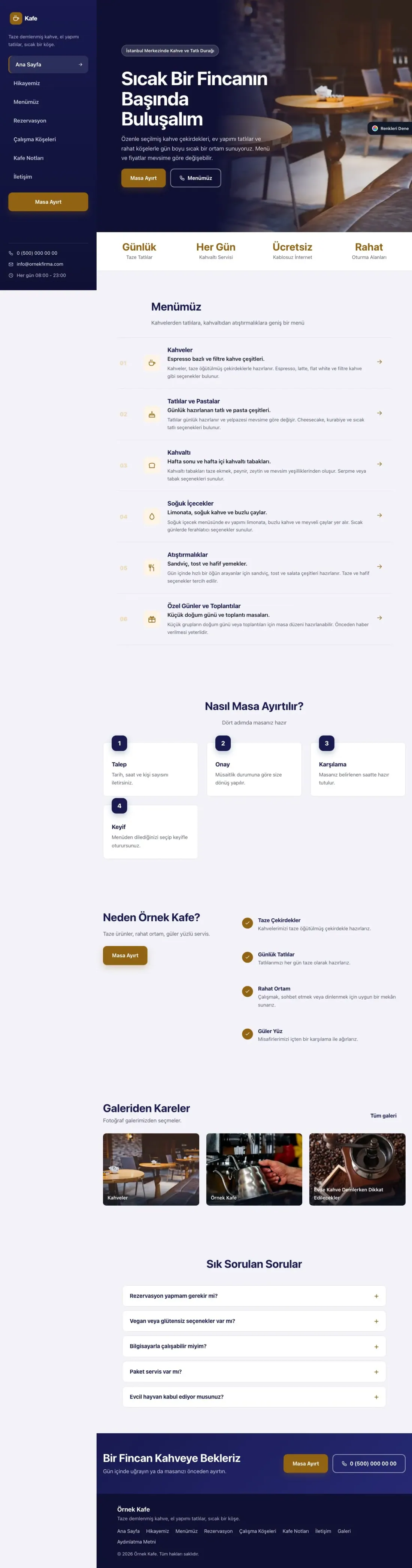 Kafe için Sol Menü Lacivert Turuncu – Kafe Web Sitesi ana sayfa görünümü