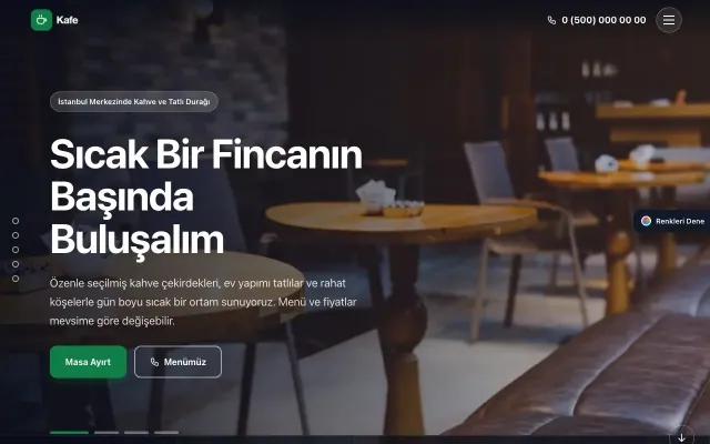 Kafe için Tam Ekran Kahve Yeşil – Kafe Web Sitesi ana sayfa görünümü